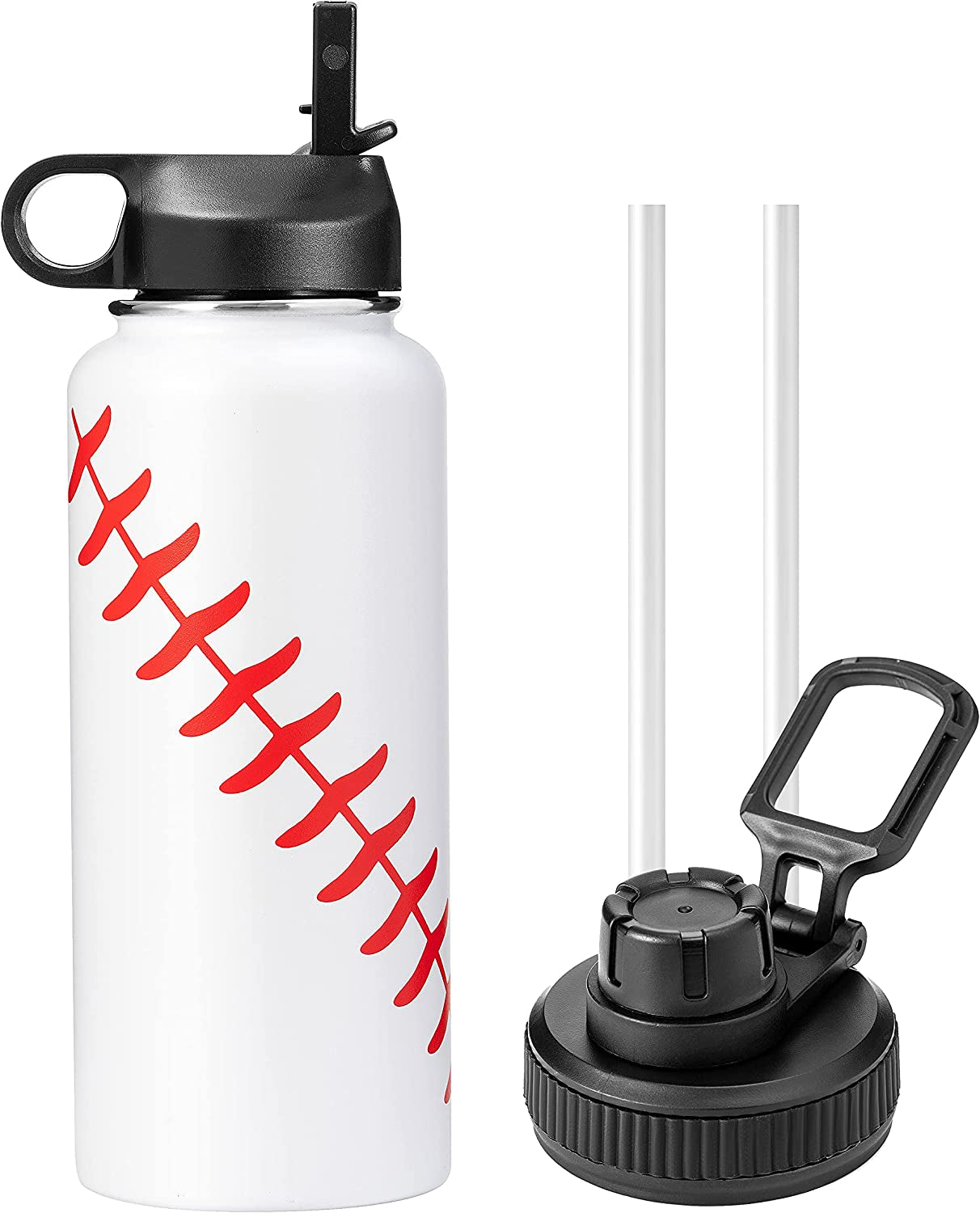 YONGCHI 32Oz Insulated Water Bottle with Straw Stainless Steel Water Bottles Travel Mug Wide Mouth Flask Thermos Bottle (Baseball, 32Oz)