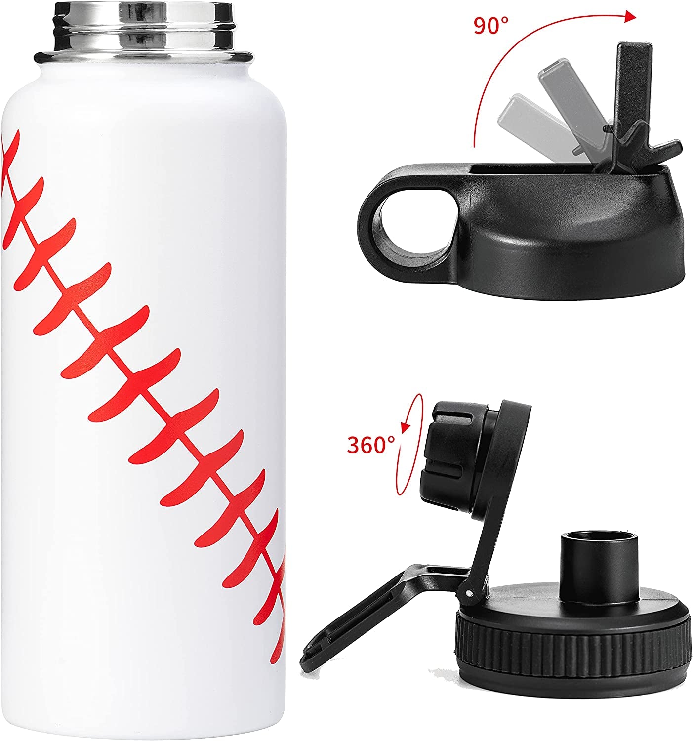 YONGCHI 32Oz Insulated Water Bottle with Straw Stainless Steel Water Bottles Travel Mug Wide Mouth Flask Thermos Bottle (Baseball, 32Oz)